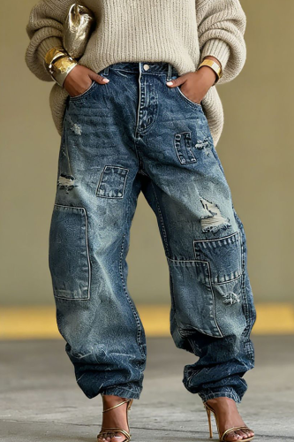 Distressed Baggy Jeans Patch Detail Loose Fit Casual Denim Pants