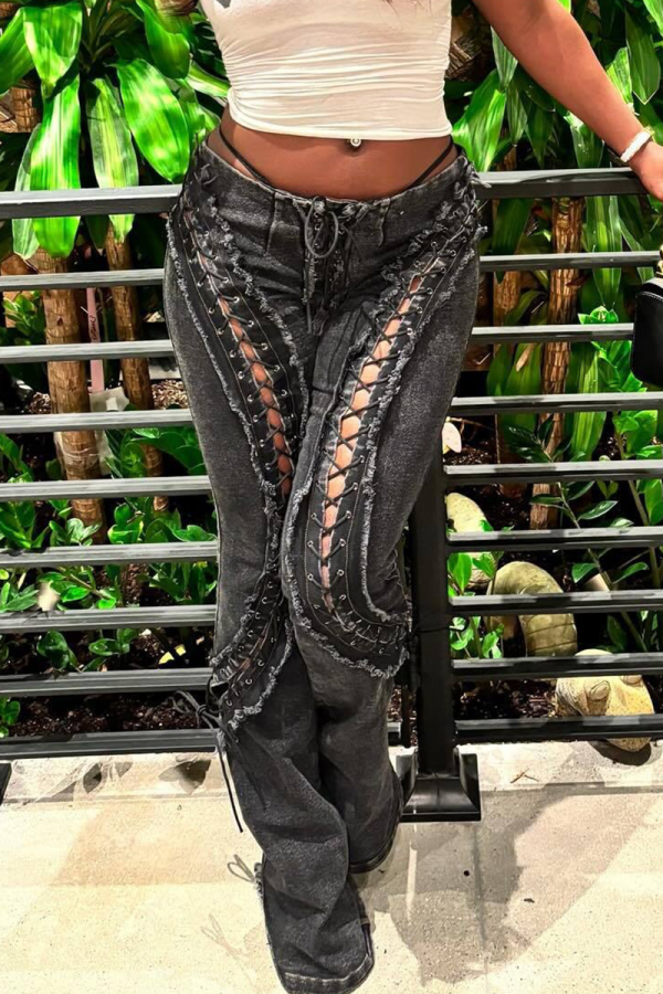 Side Lace-Up Cutout Flared Jeans Edgy Y2K Statement Denim Pants