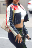Color-Block Cropped Moto Jacket Retro Edgy Fitted Leather Coat