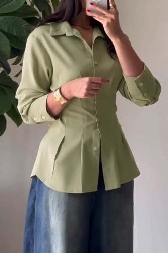 Casual Solid Color Buckle Turndown Collar Tops