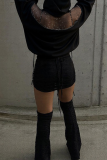Cropped Hoodie Sheer Mesh Back Panel Oversized Long Sleeve Casual Top