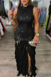 Daily Elegant Solid Color Sequins Patchwork O Neck Long Dresses