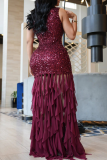 Daily Elegant Solid Color Sequins Patchwork O Neck Long Dresses