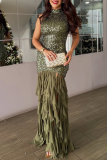 Daily Elegant Solid Color Sequins Patchwork O Neck Long Dresses
