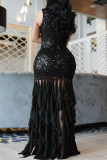 Daily Elegant Solid Color Sequins Patchwork O Neck Long Dresses