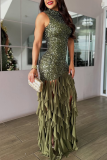 Daily Elegant Solid Color Sequins Patchwork O Neck Long Dresses