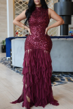 Daily Elegant Solid Color Sequins Patchwork O Neck Long Dresses