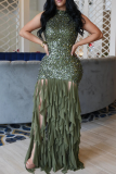 Daily Elegant Solid Color Sequins Patchwork O Neck Long Dresses