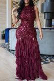 Daily Elegant Solid Color Sequins Patchwork O Neck Long Dresses