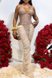 Sexy Elegant Solid Color Sequins Patchwork Ruched Halter Long Dresses