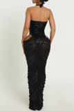 Sexy Elegant Solid Color Sequins Patchwork Ruched Halter Long Dresses