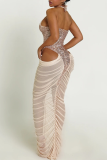 Sexy Elegant Solid Color Sequins Patchwork Ruched Halter Long Dresses