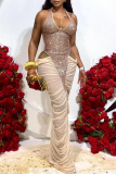 Sexy Elegant Solid Color Sequins Patchwork Ruched Halter Long Dresses