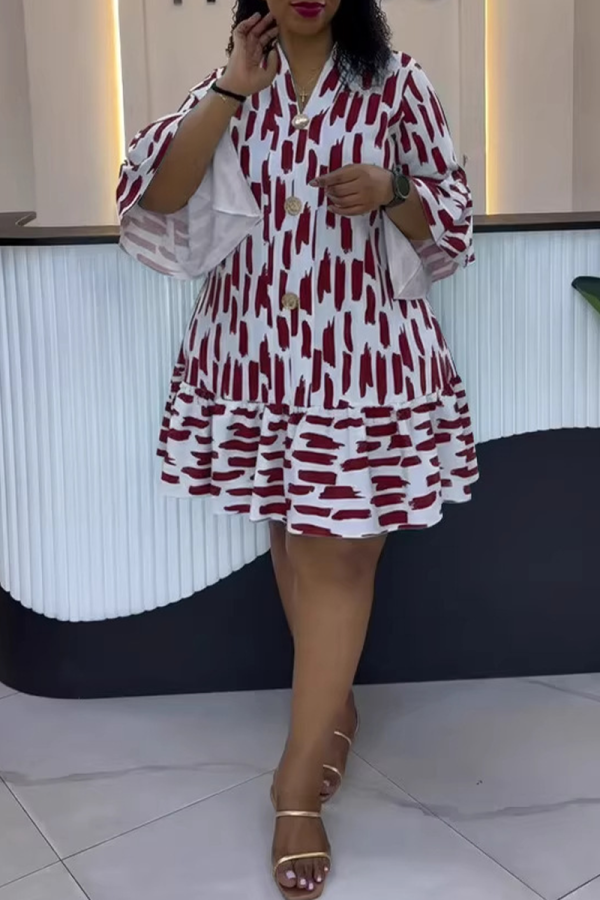 Casual Daily Elegant Print Buttons Ruffle V Neck Printed Dresses