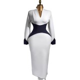 Business Wear Formal Office lady Patchwork Zipper Contrast V Neck Dresses