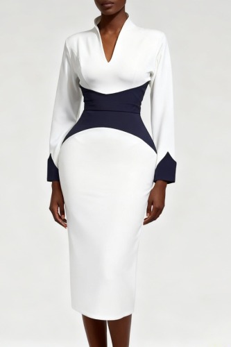 Business Wear Formal Office lady Patchwork Zipper Contrast V Neck Dresses