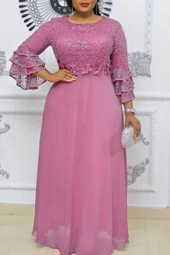 Purple Sequin Lace Waist Sheer Triple Layer Flared Sleeves Wedding Guest Evening Party Chiffon Maxi Dress