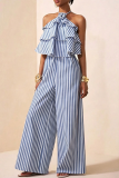 Elegant Striped Print Lace Up Tiered Layer Halter Regular Jumpsuits