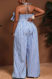 Elegant Striped Print Lace Up Tiered Layer Halter Regular Jumpsuits