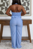 Office lady Striped Print Strap Design Halter Sleeveless Two Pieces