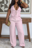 Office lady Striped Print Strap Design Halter Sleeveless Two Pieces