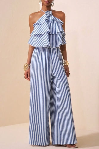 Elegant Striped Print Lace Up Tiered Layer Halter Regular Jumpsuits
