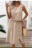 Solid Color O Neck Sleeveless Two Pieces