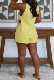 Vacation Solid Color Buttons V Neck Sleeveless Two Pieces