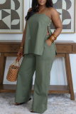 Casual Solid Color Buttons Slit Spaghetti Strap Sleeveless Two Pieces