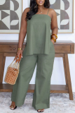 Casual Solid Color Buttons Slit Spaghetti Strap Sleeveless Two Pieces