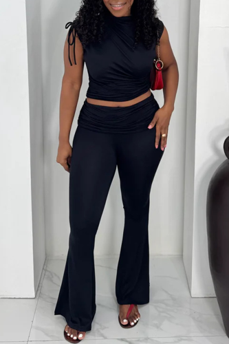 Elegant Solid Color Draw String Conventional Collar Sleeveless Two Pieces