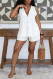 Vacation Solid Color Buttons V Neck Sleeveless Two Pieces