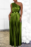 Gold Fashion Casual Solid Patchwork Backless Oblique Collar Pleated Dresses