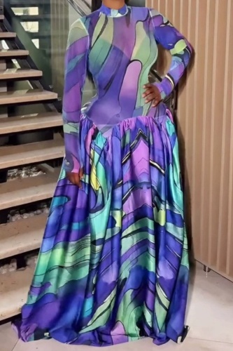 Party Formal Prom Irregular Printed O Neck Dresses
