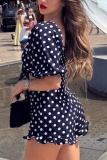Sexy Casual Polka Dot Knotted Flounce Short Sleeve Two Pieces