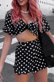 Sexy Casual Polka Dot Knotted Flounce Short Sleeve Two Pieces