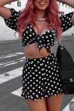 Sexy Casual Polka Dot Knotted Flounce Short Sleeve Two Pieces