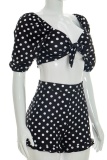 Sexy Casual Polka Dot Knotted Flounce Short Sleeve Two Pieces