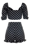 Sexy Casual Polka Dot Knotted Flounce Short Sleeve Two Pieces