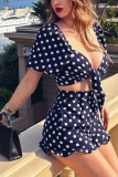 Sexy Casual Polka Dot Knotted Flounce Short Sleeve Two Pieces