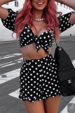 Sexy Casual Polka Dot Knotted Flounce Short Sleeve Two Pieces