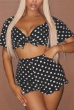 Sexy Casual Polka Dot Knotted Flounce Short Sleeve Two Pieces