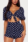 Sexy Casual Polka Dot Knotted Flounce Short Sleeve Two Pieces