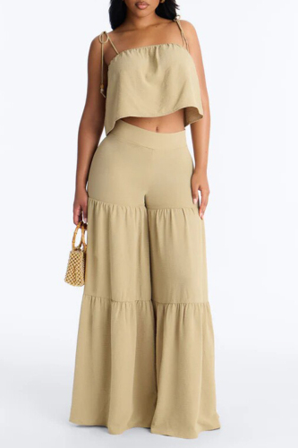 Casual Solid Color Lace Up Pants Solid Color Spaghetti Strap Sleeveless Two Pieces