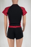 Sexy Street Sportswear Patchwork Leopard Print Patchwork Leopard O Neck Short Sleeve Two Pieces