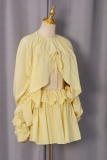 Sexy Celebrities Solid Color Draw String Lace Up Ruffle O Neck Two Pieces