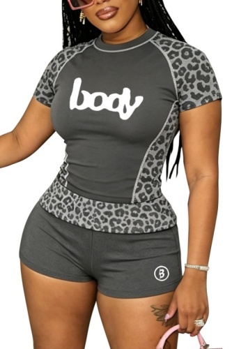 Sexy Street Sportswear Patchwork Leopard Print Patchwork Leopard O Neck Short Sleeve Two Pieces