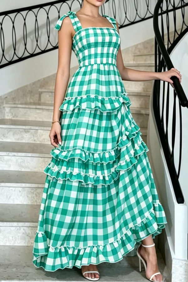 Plaid Gingham Print Spaghetti Strap Cake Skirt Dresses