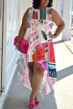 Pink Graphic Print O Neck Sleeveless Irregular Hem Casual Outing Straight Loose Midi Dress