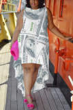 Pink Graphic Print O Neck Sleeveless Irregular Hem Casual Outing Straight Loose Midi Dress
